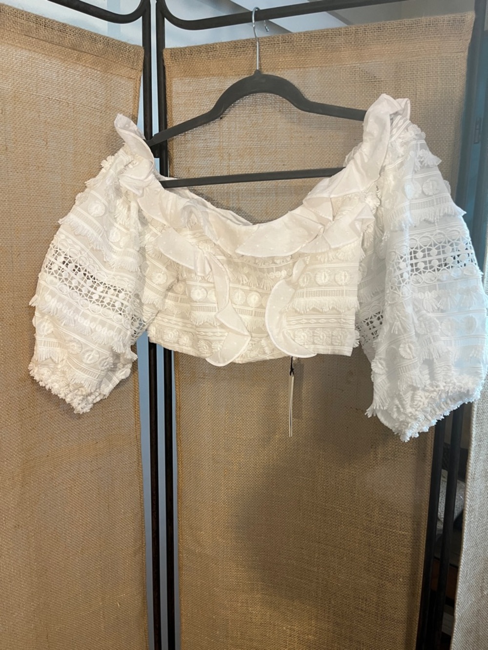 Alexis White Lace Off-Shoulder Ruffle Crop Top